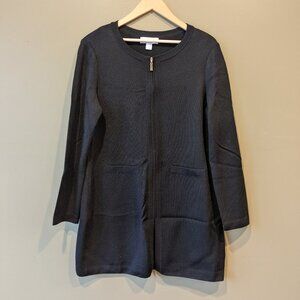 St John Full Zip Sweater Jacket Long Black Wool Blend Size 14 Knit EUC Stretch